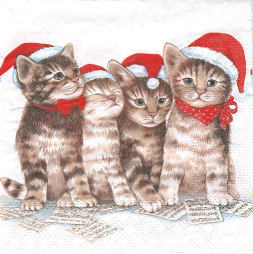 2 Serviettes papier Chat Bonnet de Noël