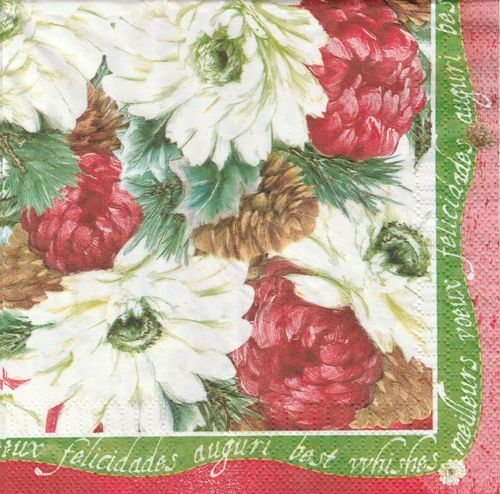 2 Paper Napkins Flowers Red & White