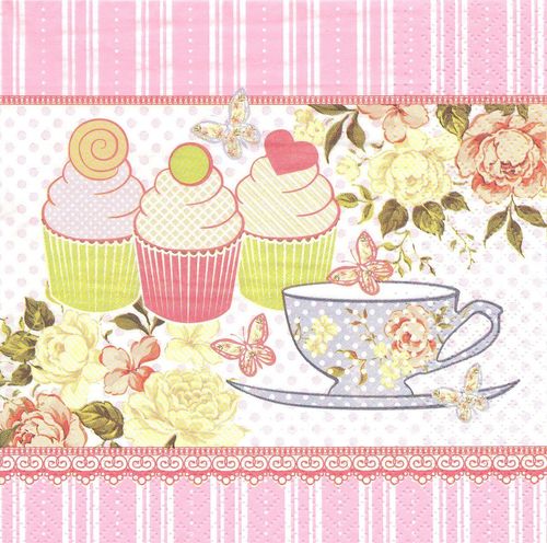 4 Serviettes papier Thé Cupcakes Roses