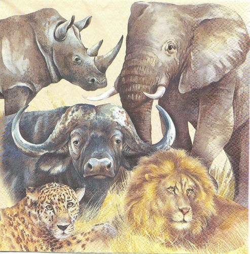 4 Serviettes papier Savane Lion éléphant Rhinoceros