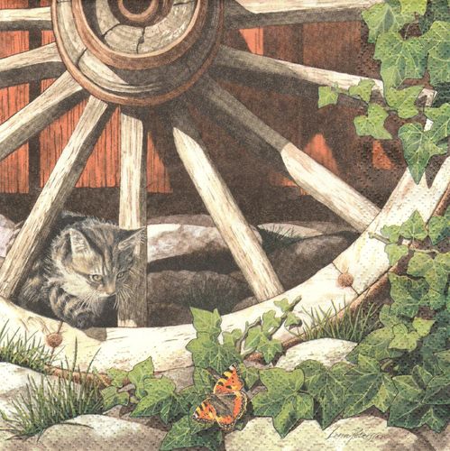 2 Paper Napkins Cat on an old wheel